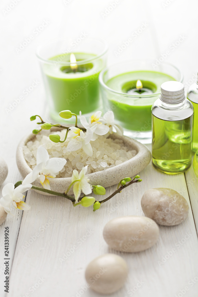 SPA still life with bath minerals, essential oils and aromatherapy candles