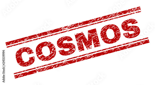 COSMOS seal print with distress style. Red vector rubber print of COSMOS text with unclean texture. Text label is placed between double parallel lines.