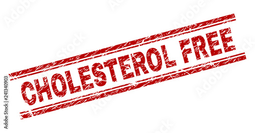 CHOLESTEROL FREE seal watermark with corroded texture. Red vector rubber print of CHOLESTEROL FREE tag with corroded texture. Text caption is placed between double parallel lines.