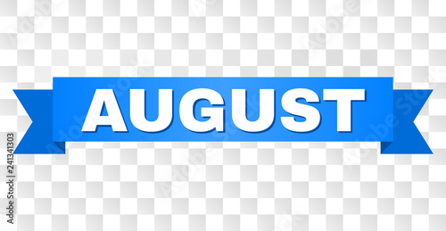 AUGUST text on a ribbon. Designed with white title and blue tape. Vector banner with AUGUST tag on a transparent background.