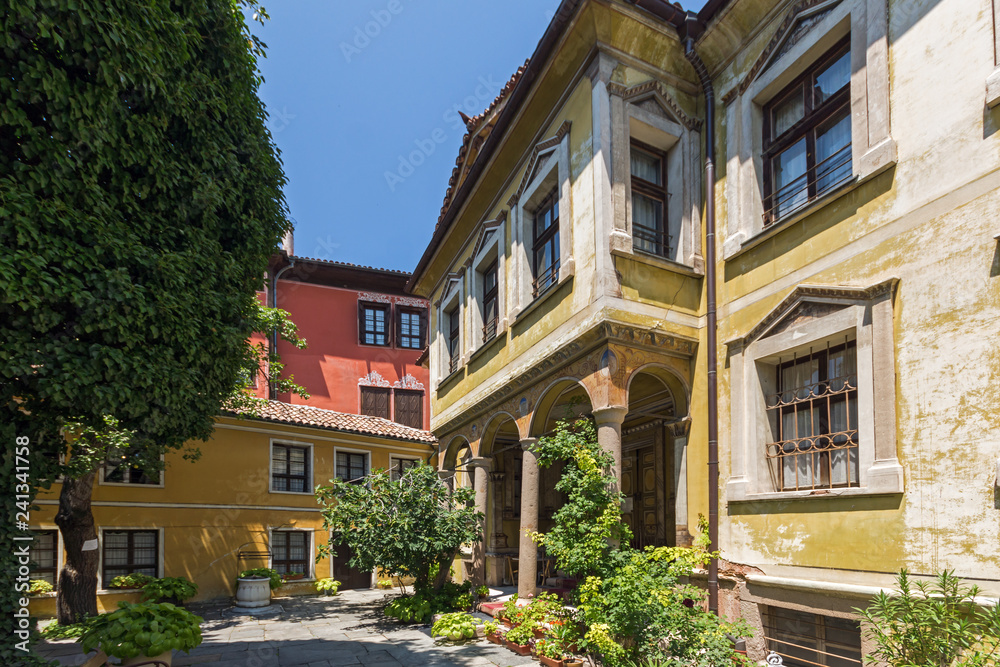 Houses from the period of Bulgarian revival in old town of city of Plovdiv, Bulgaria