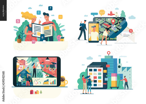 Business series set, color 1 - modern flat vector concept illustrated topics - Articles, Contacts, About the company, Product catalogue. Creative landing web page design template