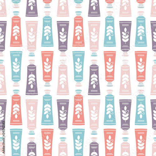 Hand cream tube seamless pattern. Organic cosmetics background. Soft color. Vector illustration