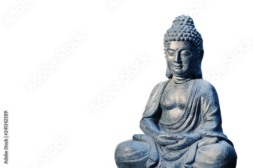 Buddha statue sitting in meditation pose isolated on white background.