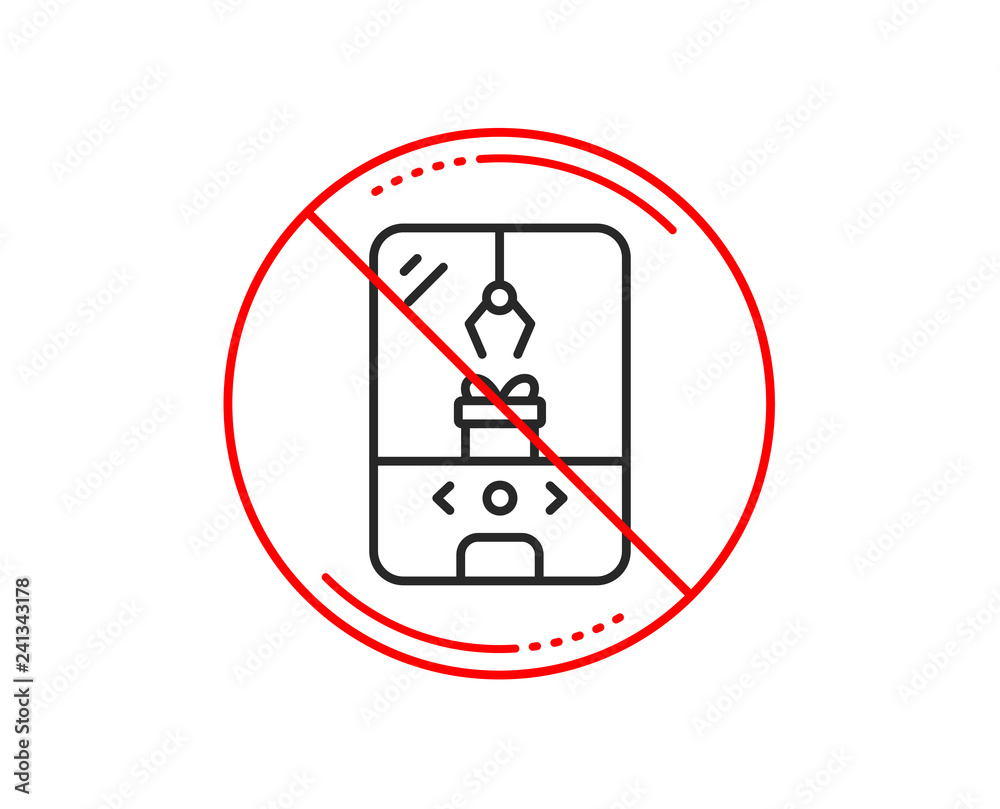 No or stop sign. Crane claw machine line icon. Amusement park sign. Carousels symbol. Caution prohibited ban stop symbol. No  icon design.  Vector