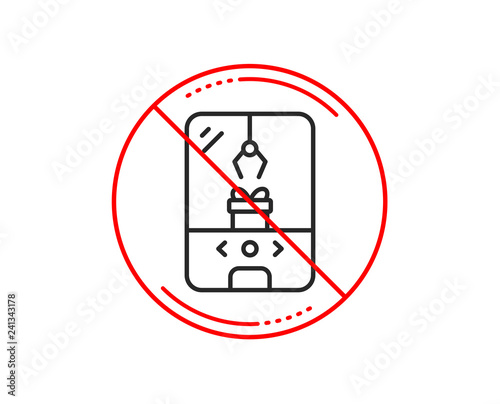 No or stop sign. Crane claw machine line icon. Amusement park sign. Carousels symbol. Caution prohibited ban stop symbol. No  icon design.  Vector