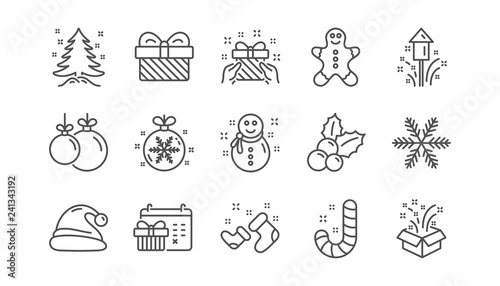 Christmas line icons. Santa hat, Snowflake and Gift box. New year linear icon set.  Vector