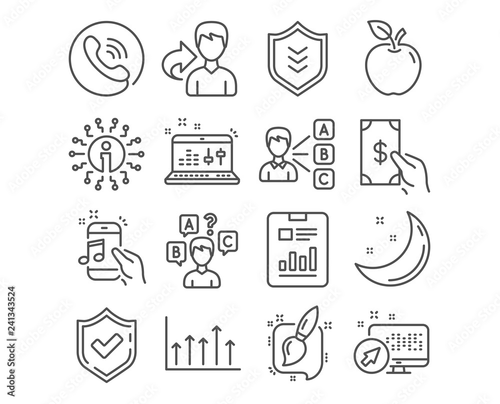 Set of Quiz test, Music phone and Painting brush icons. Opinion, Shield and Sound check signs. Report document, Growth chart and Receive money symbols. Interview, Radio sound, Graphic art. Vector Set of Quiz test, Music phone and Painting brush icons. Opinion, Shield and Sound check signs. Report document, Growth chart and Receive money symbols. Interview, Radio sound, Graphic art. Vector