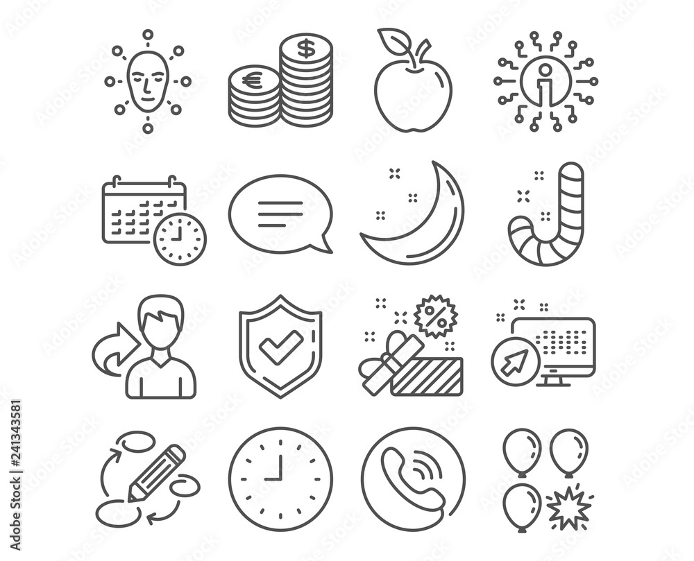 Fototapeta premium Set of Candy, Face biometrics and Sale icons. Chat, Clock and Calendar signs. Balloon dart, Keywords and Currency symbols. Lollypop, Facial recognition, Gift box. Speech bubble, Time or watch, Time