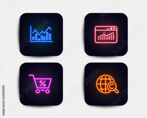 Neon set of Special offer, Infochart and Website statistics icons. International Copyright sign. Discounts, Stock exchange, Data analysis. World copywriting. Neon icons. Vector
