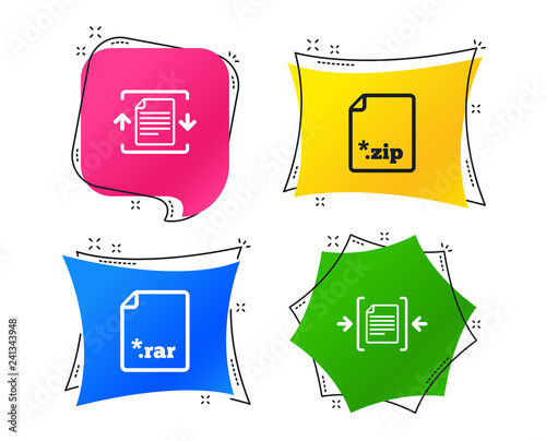 Archive file icons. Compressed zipped document signs. Data compression symbols. Geometric colorful tags. Banners with flat icons. Trendy design. Vector