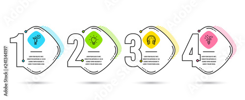Infographic timeline set of Headphones, Light bulb and Agent icons. Inspiration sign. Earphones, Lamp energy, Business person. Creativity pencil. Process diagram, workflow layout