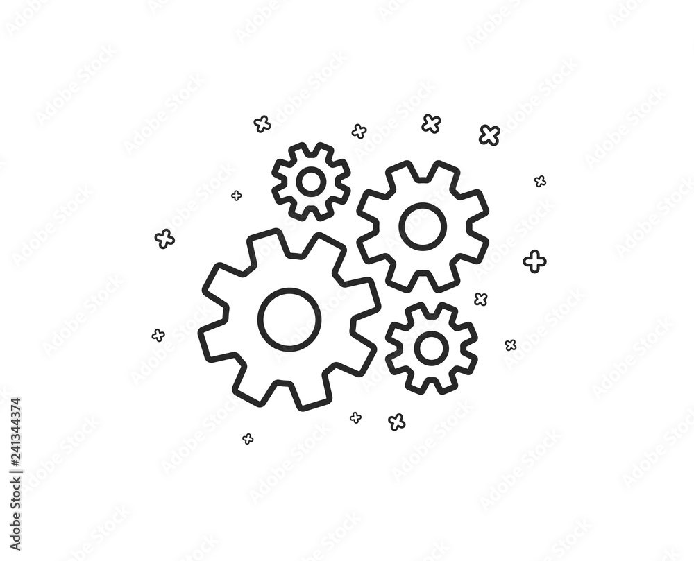Cogwheel line icon. Engineering tool sign. Cog gear symbol. Geometric shapes. Random cross elements. Linear Cogwheel icon design. Vector Cogwheel line icon. Engineering tool sign. Cog gear symbol. Geometric shapes. Random cross elements. Linear Cogwheel icon design. Vector