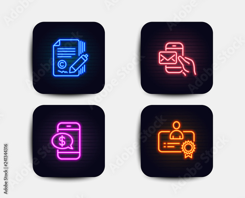 Neon glow lights. Set of Copywriting, Messenger mail and Phone payment icons. Certificate sign. Ð¡opyright signature, New e-mail, Mobile pay. Best employee. Neon icons. Glowing light banners. Vector