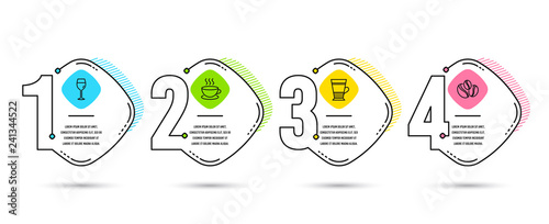 Infographic timeline set of Cappuccino, Double latte and Wine glass icons. Coffee-berry beans sign. Espresso cup, Tea cup, Bordeaux glass. Coffee beans. Vector