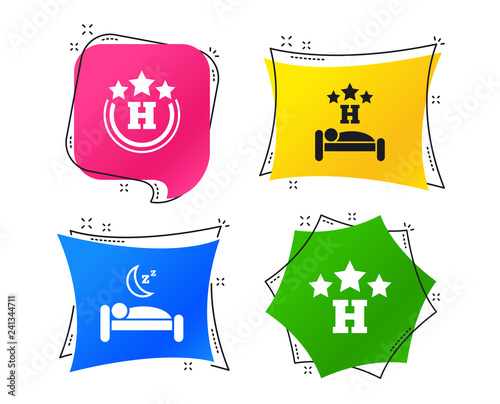 Three stars hotel icons. Travel rest place symbols. Human sleep in bed sign. Geometric colorful tags. Banners with flat icons. Trendy design. Vector