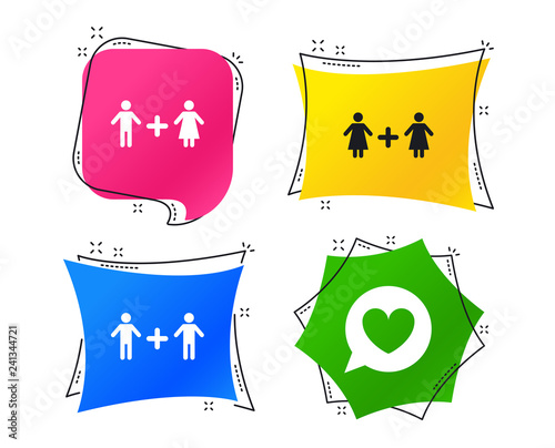 Couple love icon. Lesbian and Gay lovers signs. Romantic homosexual relationships. Speech bubble with heart symbol. Geometric colorful tags. Banners with flat icons. Trendy design. Vector