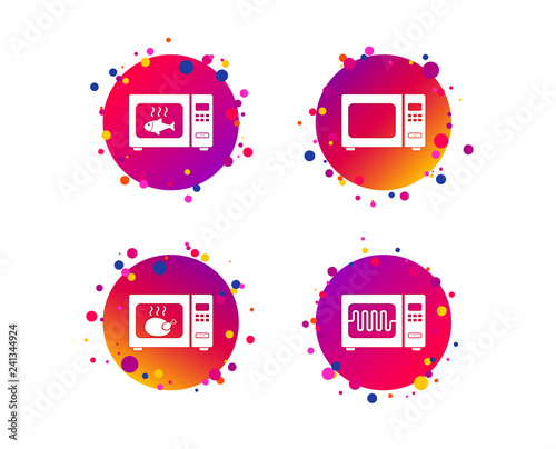 Microwave oven icons. Cook in electric stove symbols. Grill chicken and fish signs. Gradient circle buttons with icons. Random dots design. Vector