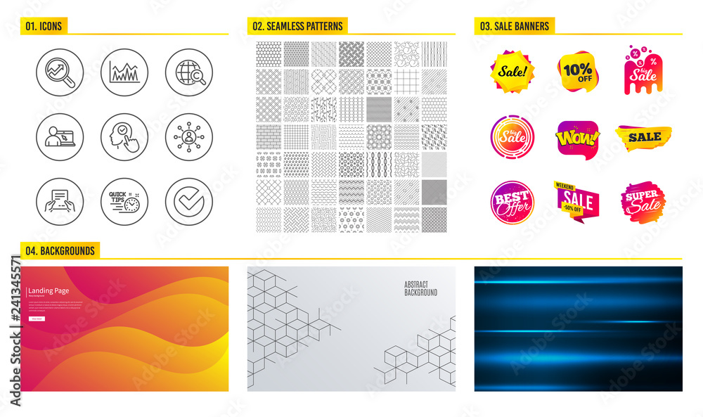 Seamless pattern. Shopping sale banners. Set of Networking, Online education and Receive file icons. Analytics, Investment and Quick tips signs. Vector Seamless pattern. Shopping sale banners. Set of Networking, Online education and Receive file icons. Analytics, Investment and Quick tips signs. Vector