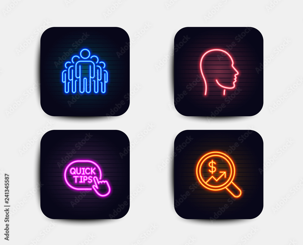 Neon set of Head, Quick tips and Group icons. Currency audit sign. Human profile, Helpful tricks, Managers. Money chart. Neon icons. Glowing light banners. Vector