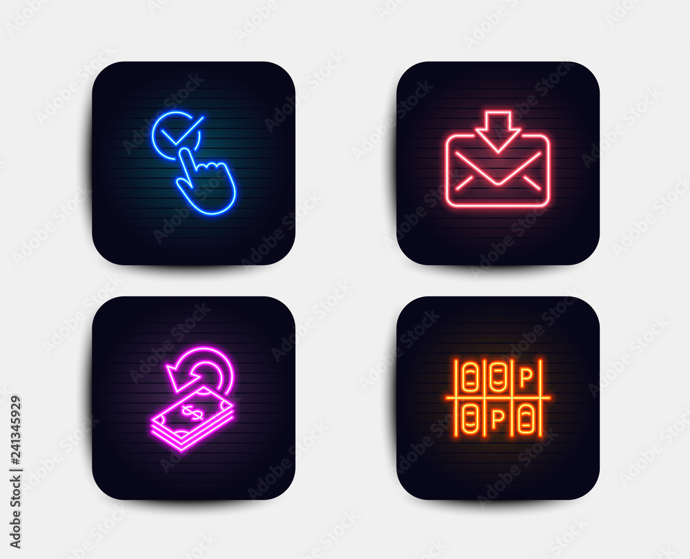Neon glow lights. Set of Cashback, Incoming mail and Checkbox icons. Parking place sign. Financial transfer, Download message, Approved. Transport. Neon icons. Glowing light banners. Vector Neon glow lights. Set of Cashback, Incoming mail and Checkbox icons. Parking place sign. Financial transfer, Download message, Approved. Transport. Neon icons. Glowing light banners. Vector