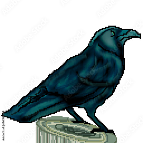 Pixel 8 bit drawn large raven perched on a stump photo