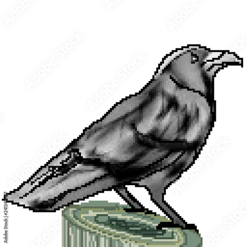 Pixel 8 bit drawn large raven perched on a stump photo