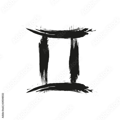 Zodiac sign Gemini isolated on white background. Brush hand drawn. Circle Gemini zodiac sign, hand painted round horoscope symbol vector. Design element for flyers or greeting cards.