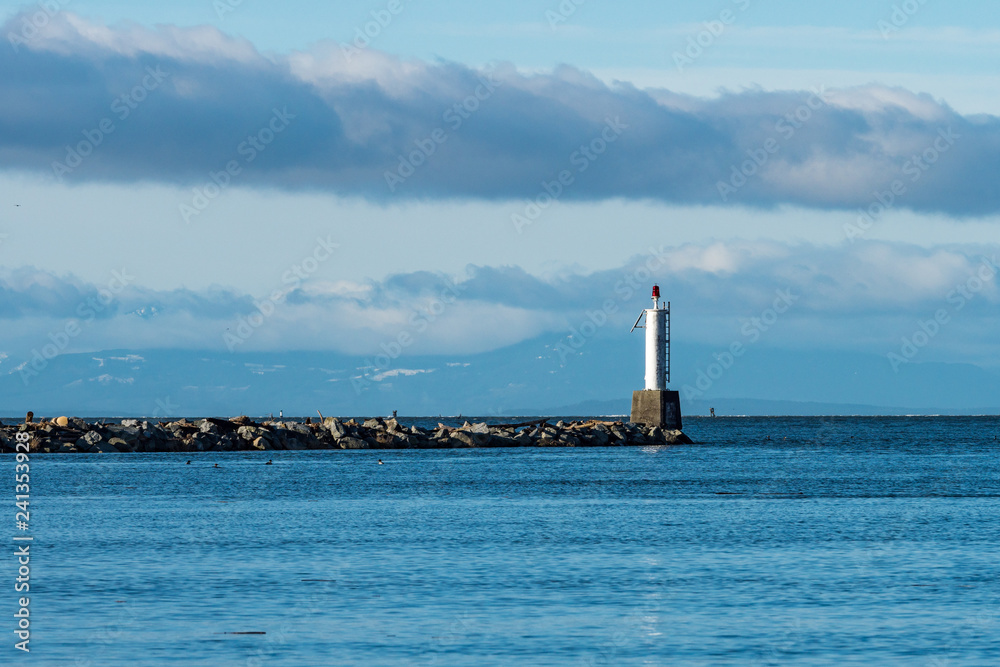 small light house at the end of rocky shore line with drift woods on the river with snow covered mountains in the background over the horizon under cloudy blue sky.