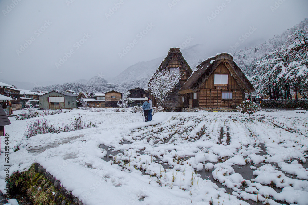 Sightseeing around Shirakawa-go village area with snow cover on winter including traditional House Gassho style and one of UNESCO world heritage sites, Gifu, Japan