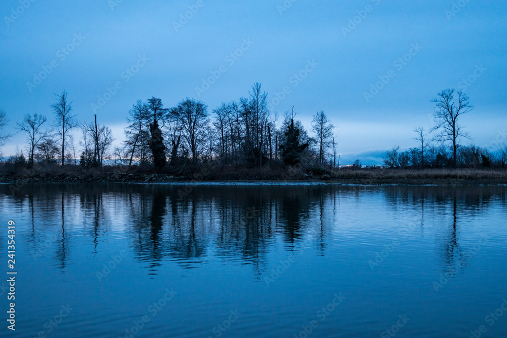 small island with trees grown on it cast reflection on water surface on the river under cloudy sky at blue hour small island with trees grown on it cast reflection on water surface on the river under cloudy sky at blue hour