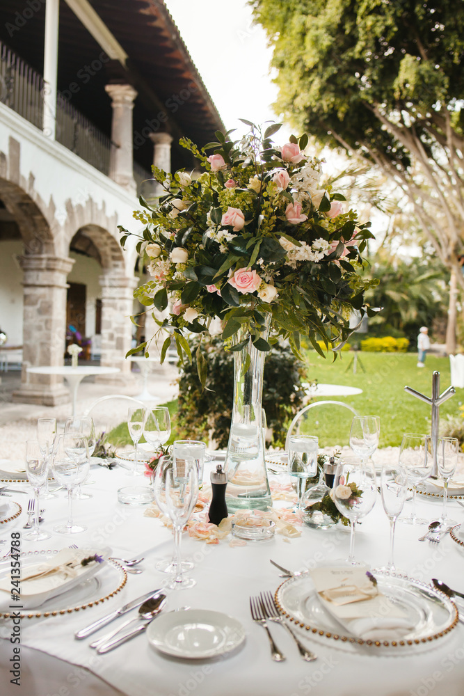 Fototapeta premium table setup, wedding guest table, reception layout