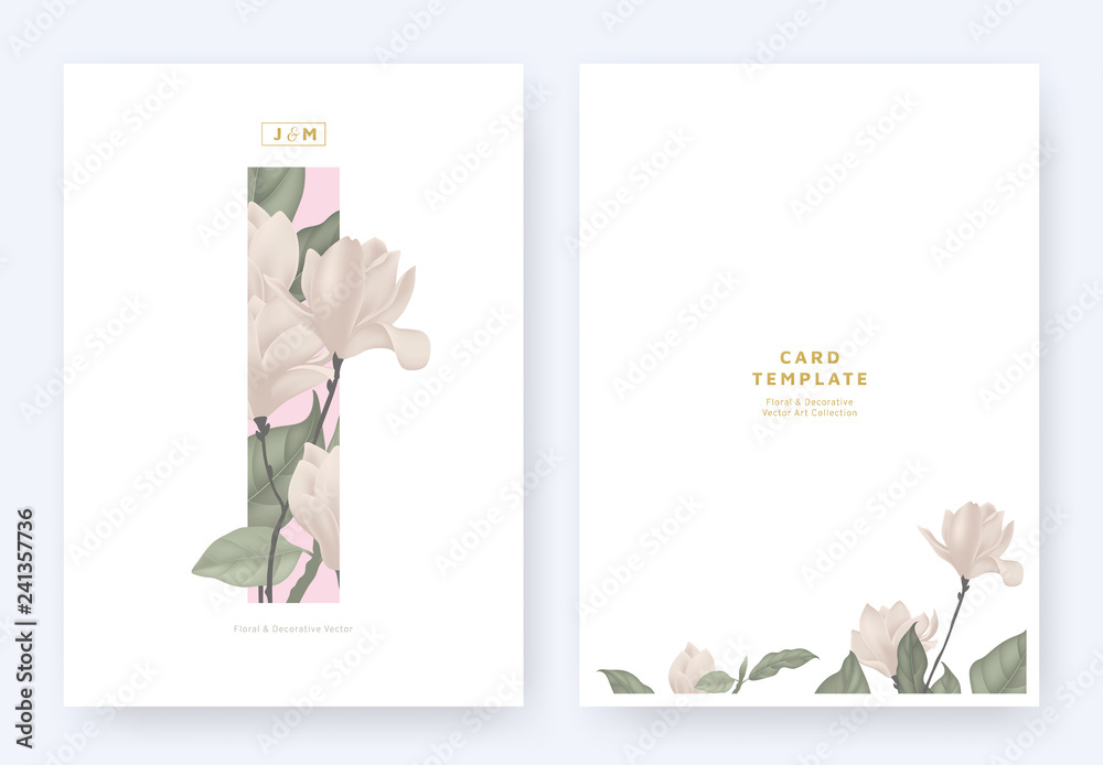 Fototapeta premium Minimalistyczny kwiatowy wzór szablonu karty zaproszenie, różowa magnolia i liście w różowy prostokąt na białym tle, pastelowy motyw