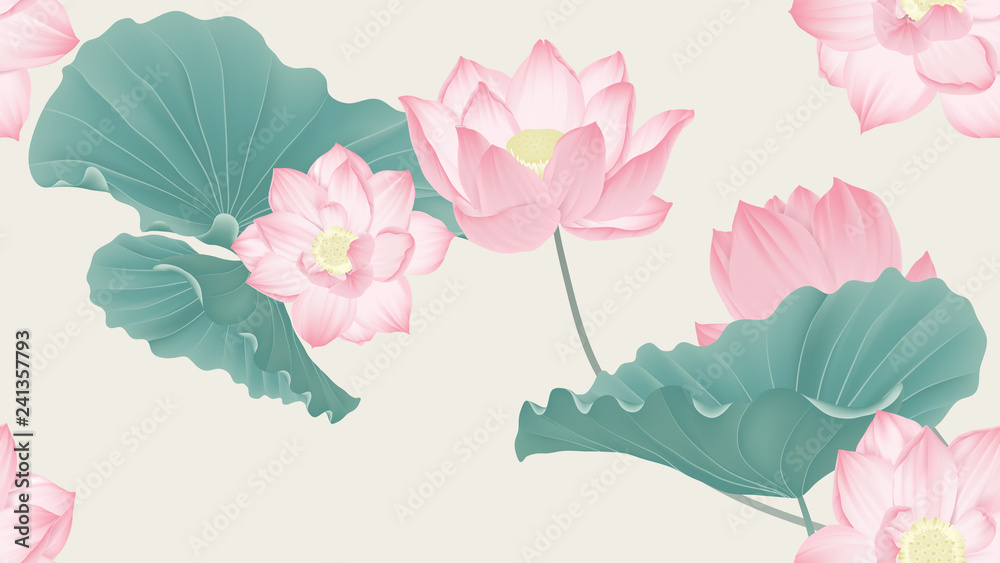 Fototapeta premium Botanical seamless pattern, pink lotus flowers and leaves on light brown background, pastel vintage theme