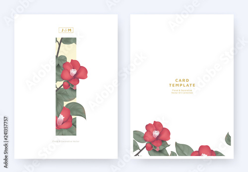 Fototapeta Naklejka Na Ścianę i Meble -  Minimalist floral invitation card template design, red Japanese camellia and leaves in yellow rectangle on white background, pastel theme