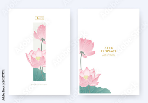 Fototapeta Naklejka Na Ścianę i Meble -  Minimalist floral invitation card template design, pink lotus flowers and leaves in light grey rectangle on white background, pastel vintage theme