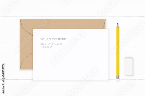 Flat lay top view elegant white composition letter kraft paper envelope yellow pencil and eraser on wooden background