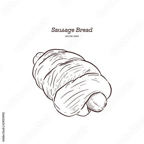 sausage baked in dough, hand draw sketch vector.