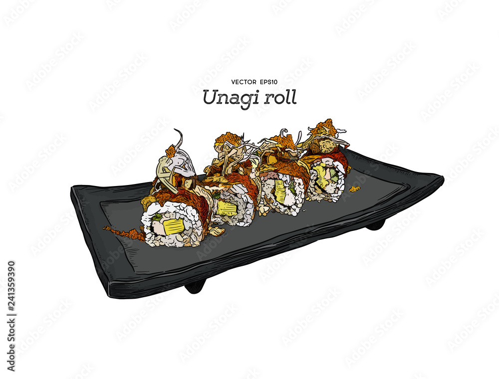 Japanese traditional food, Unagi roll sushi. vector. Stock Vector