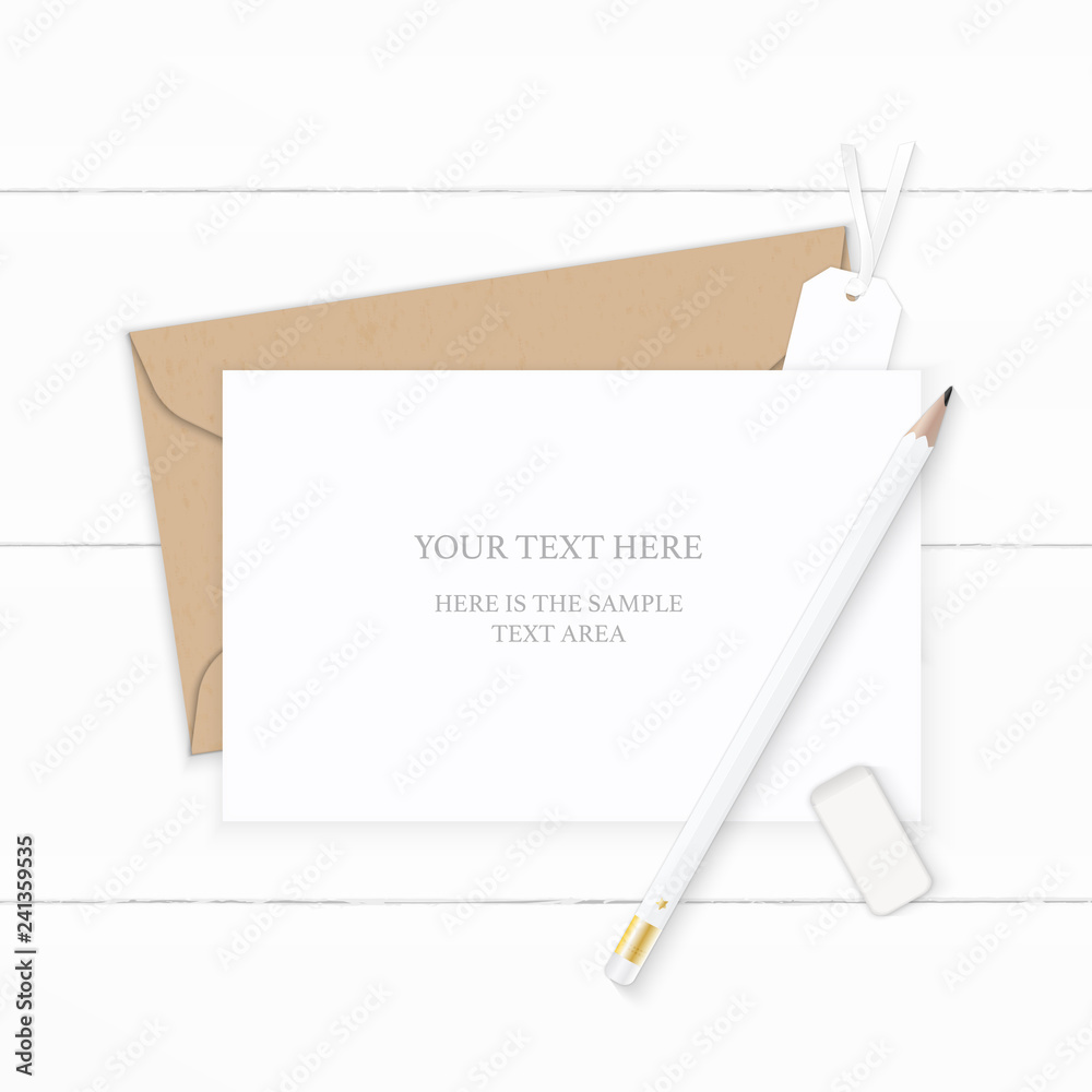 Flat lay top view elegant white composition letter kraft paper envelope pencil eraser and tag on wooden background Flat lay top view elegant white composition letter kraft paper envelope pencil eraser and tag on wooden background
