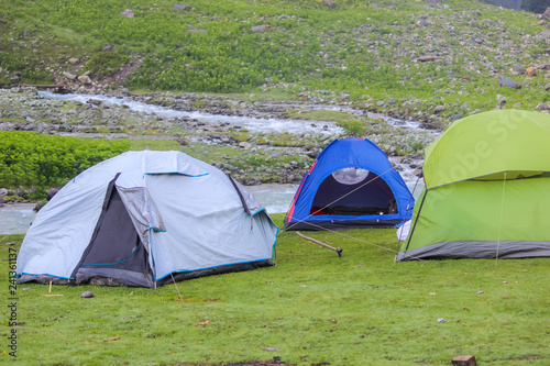 Tents erected at camping site in a hiking destination in Sonmarg, Kashmir