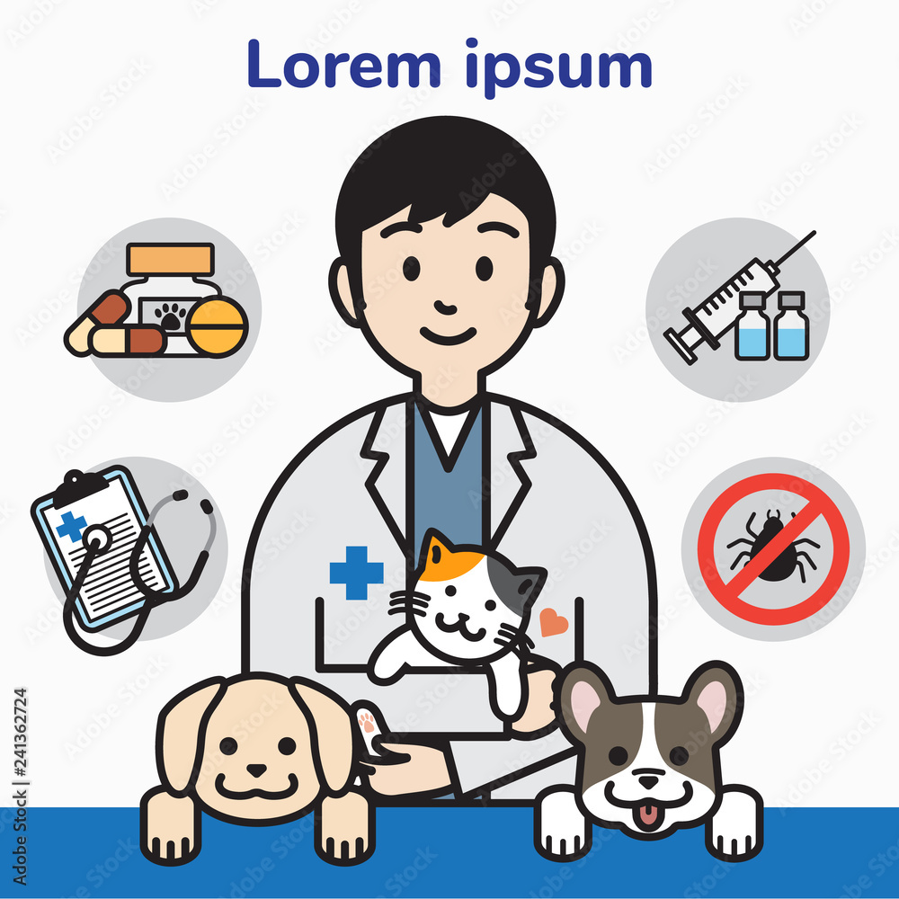 Fototapeta premium veterinary care with puppy and kitten, outline cartoon style