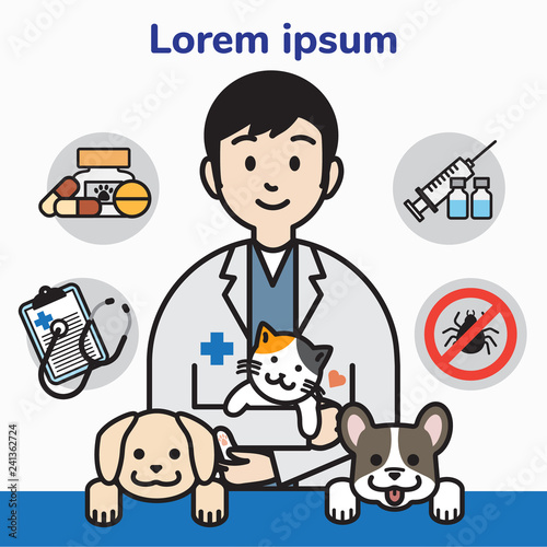 veterinary care with puppy and kitten, outline cartoon style