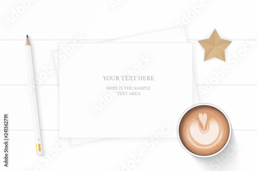 Flat lay top view elegant white composition paper pencil coffe and star shape craft on wooden background