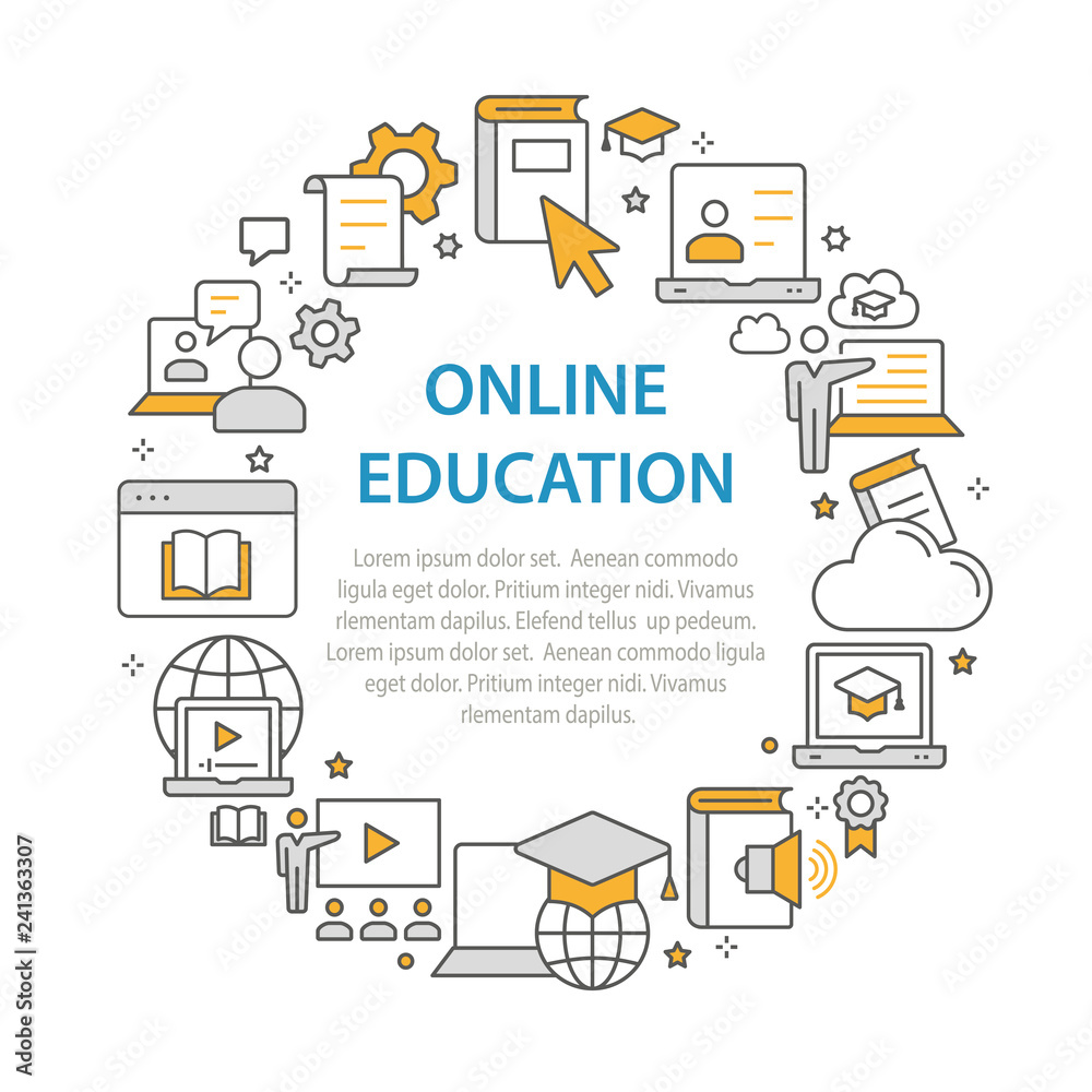 E-learning distance education outline icons set for interface, print. E-learning distance education outline icons set for interface, print.