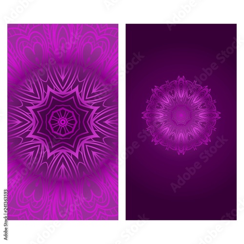 Set of Design Vintage Cards With Floral Mandala Pattern And Ornaments. Vector Template. Purple color