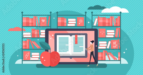 Online books flat vector illustration. Tiny persons mobile library concept.