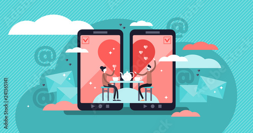 Online dating vector illustration. Tiny persons concept couple relationship