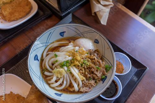 Japanese udon noodles with meat photo