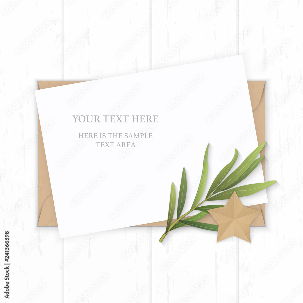 Flat lay top view elegant white composition paper kraft envelope star shape craft and tarragon leaf on wooden background Flat lay top view elegant white composition paper kraft envelope star shape craft and tarragon leaf on wooden background